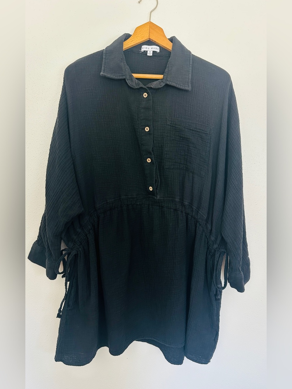 MIOU MUSE Black Crinkle Gauze Button Down Mini Shirt Dress Side Tie Medium